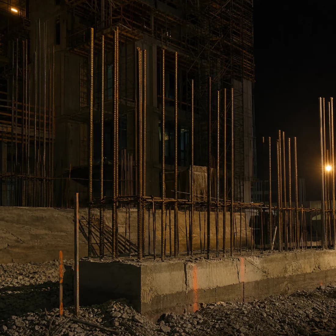 Steel reinforcement bars standing in a poured concrete foundation at night, lit by a work lamp