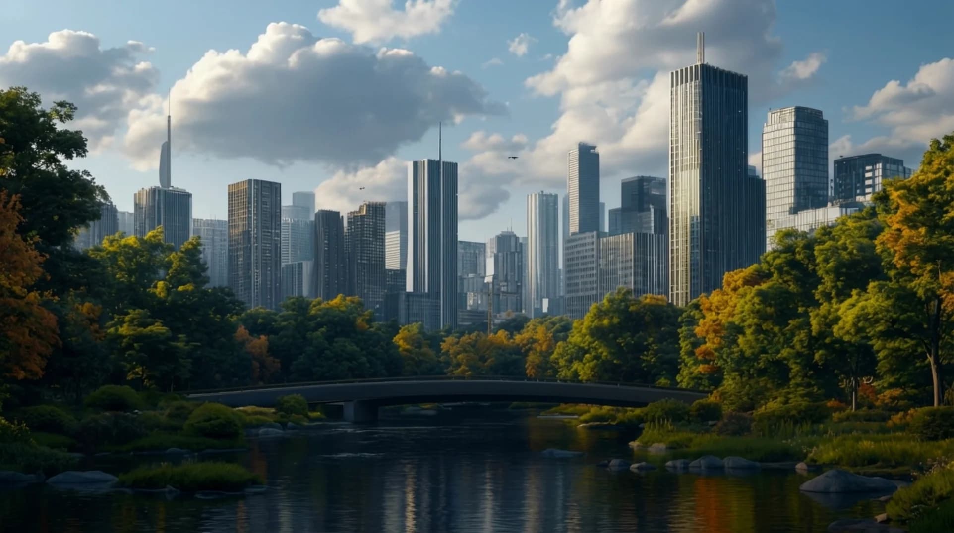 The city today, seen across the park, with one pane of glass held over the skyline. Inside the pane the towers are gone: cleared lots, cranes and a grain silo stand where they now are.